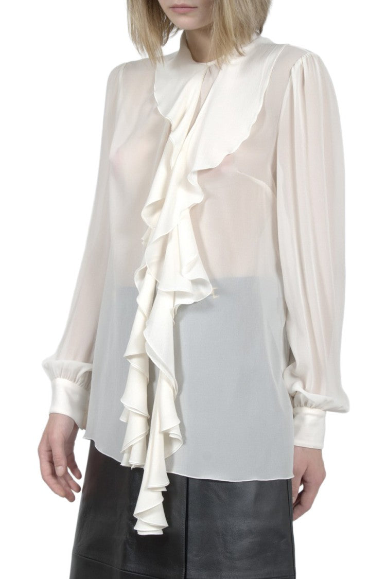 Dolce & Gabbana White Silk Ruffle-Front Tie-Neck Blouse