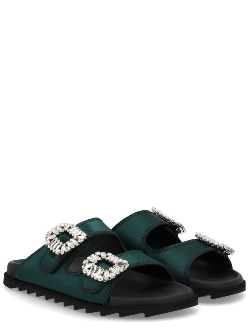 Roger Vivier Slidi Viv Green Textile Crystal Sandals