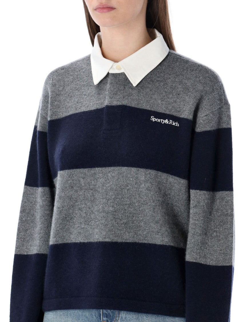 Sporty And Rich Heather Gray And Navy Cashmere Rugby Polo