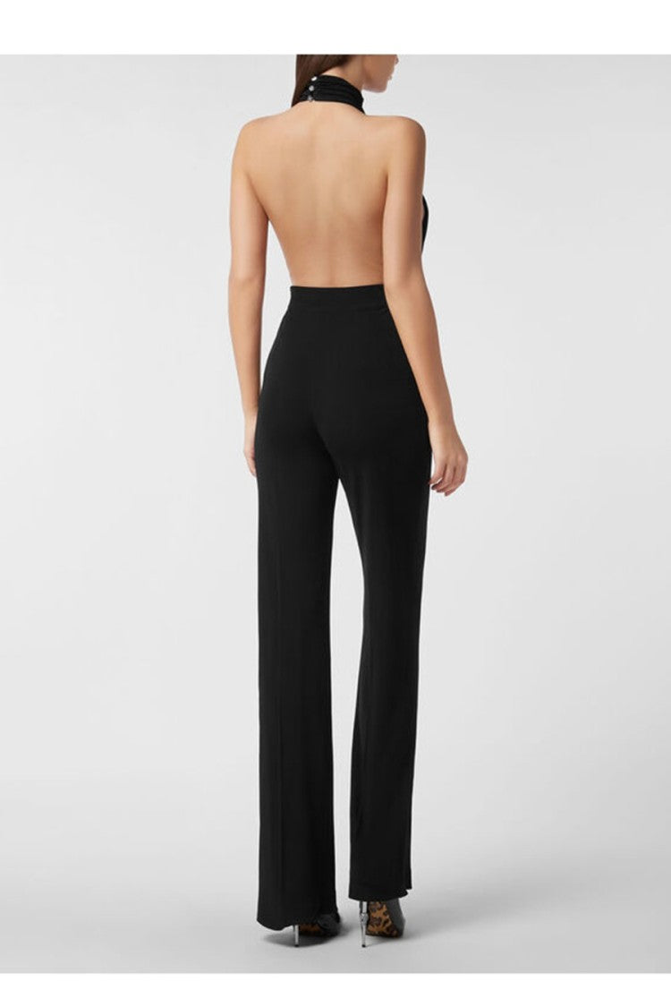 Philipp Plein Black Viscose Halter Neck Cutout Jumpsuit