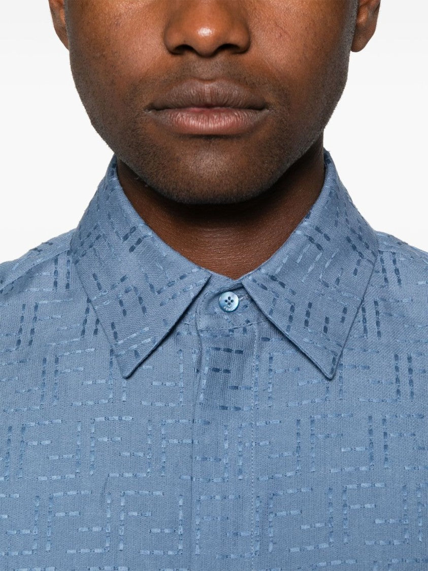 Fendi Oversized Short-Sleeved Shirt In Light Blue Linen Ff Jacquard