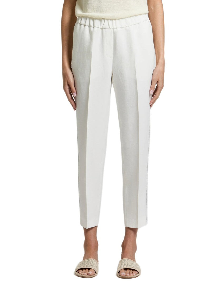 Peserico Straight White Trousers With Elastic Waistband And Subtle Accent
