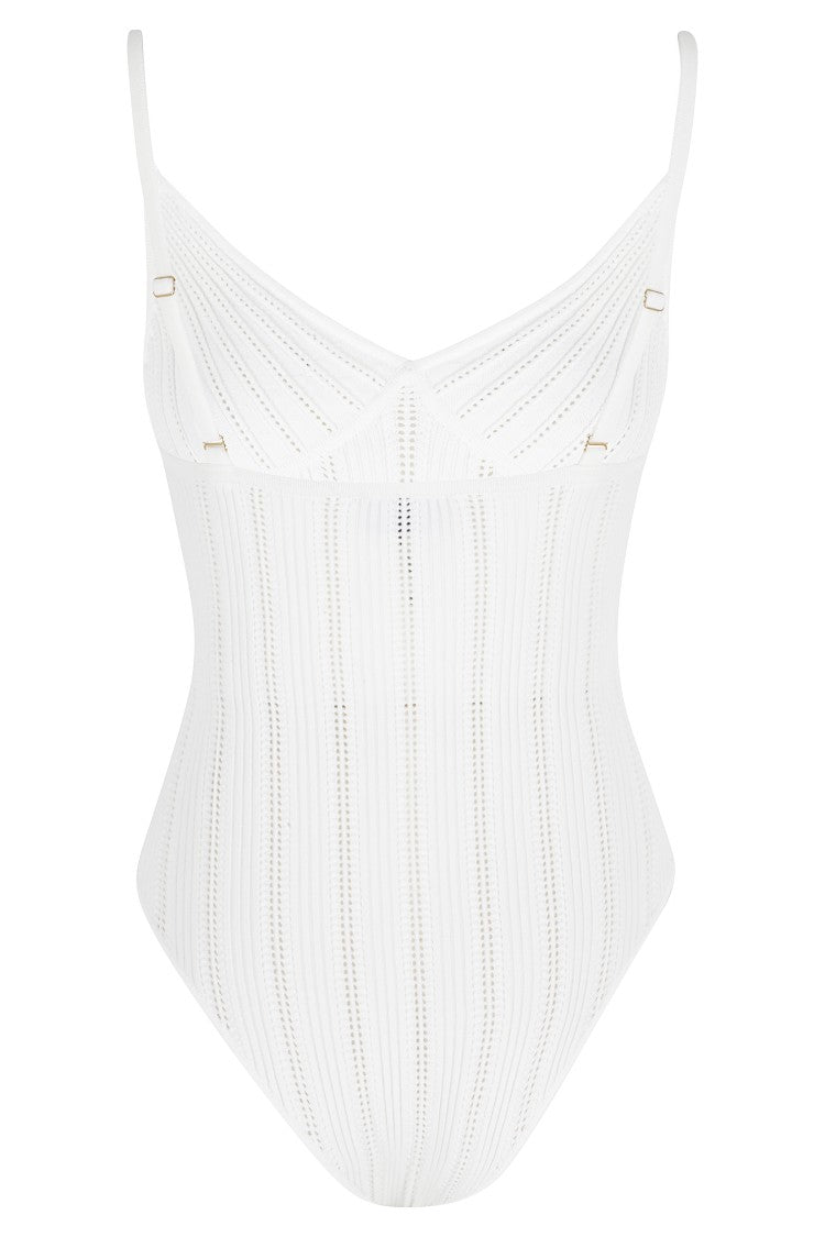 Elisabetta Franchi Ivory Body Tricot Rhinestones Viscose-Blend Bodysuit