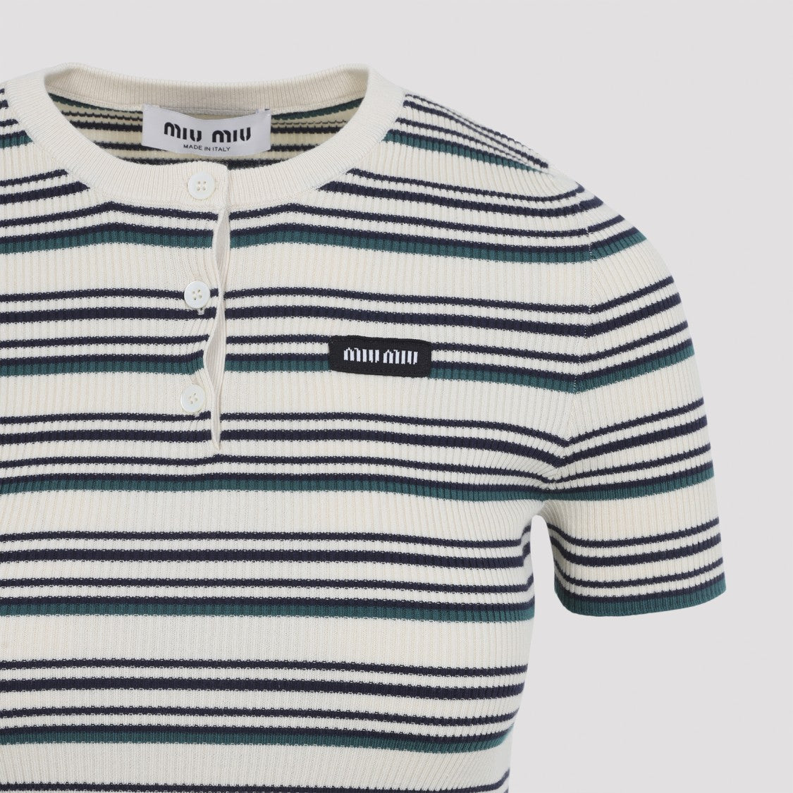 Miu Miu Ribbed Cotton Sweater With Horizontal Stripes And Button Placket