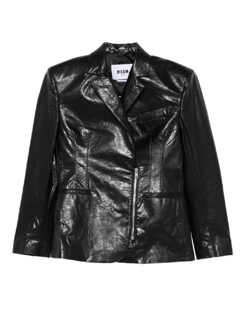 Msgm Structured Black Jacket With Glossy Finish And Notched Lapel