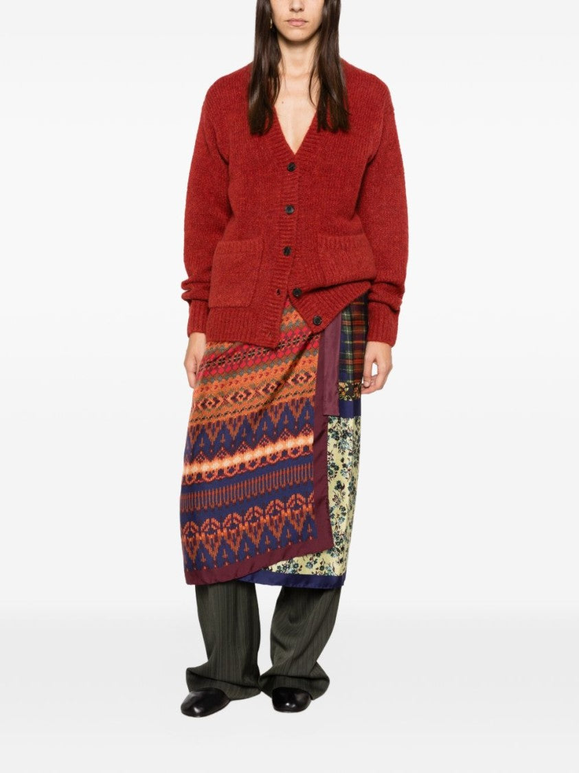 Dries Van Noten Red Loose Fit Deep V-Neck Knit Cardigan