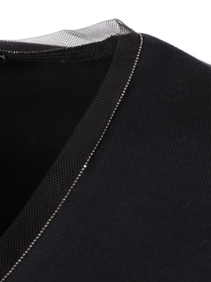 Fabiana Filippi Fitted Ribbed V-Neck Top With Tulle Trim