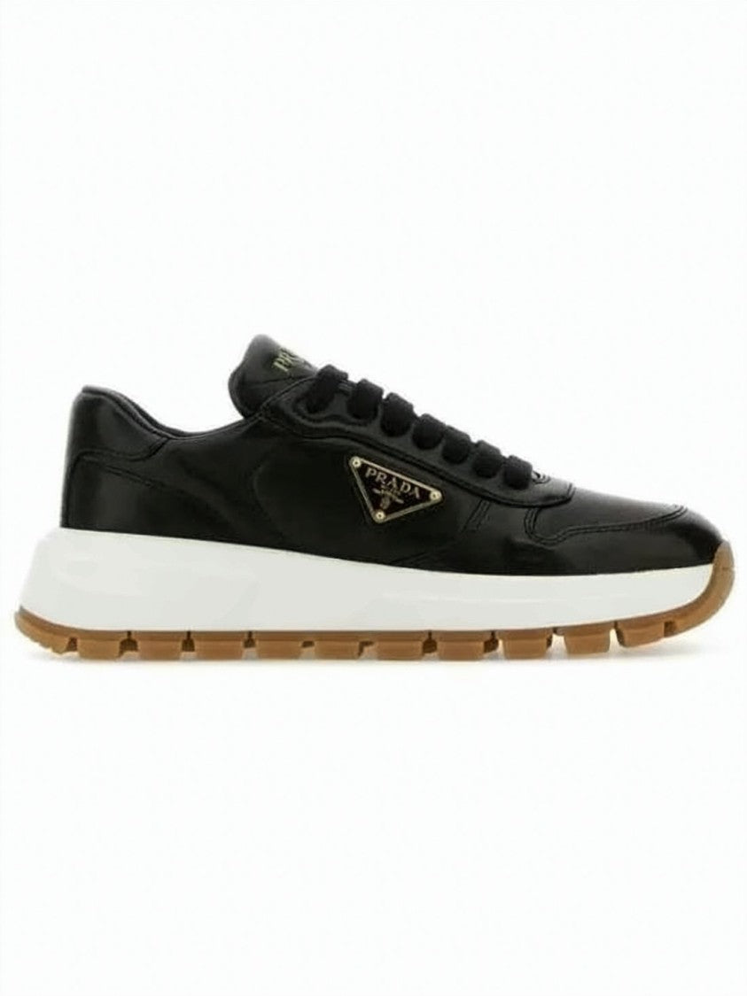 Prada Prada Leather Sneakers With Metallic Logo Plaque