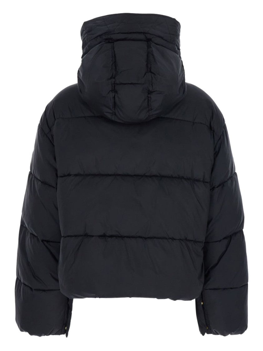 Pinko Cropped Black Coat With Hooded Neckline And Embroidered Logo