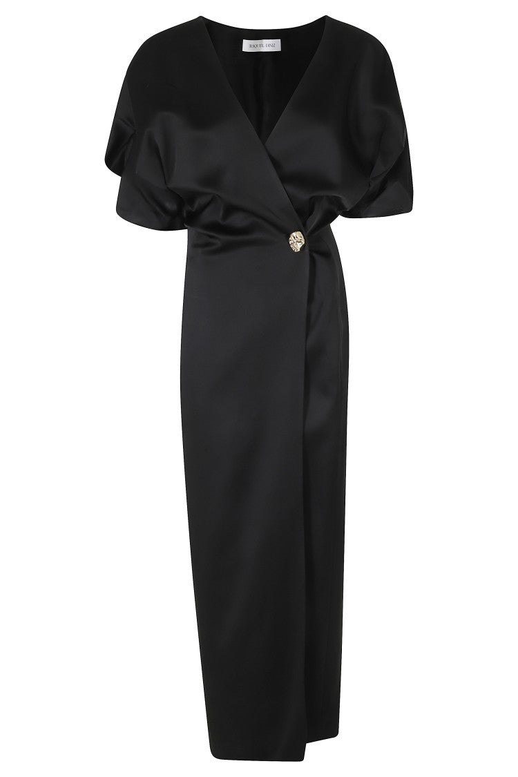 Raquel Diniz Black Anastasia V-Neck Jeweled Button Acetate-Blend Dress