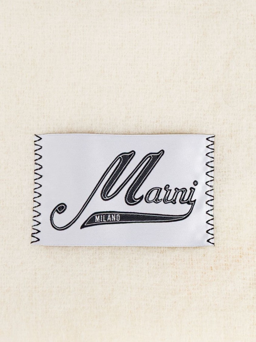 Marni Fringed White Alpaca-Blend Scarf With Stitched Label