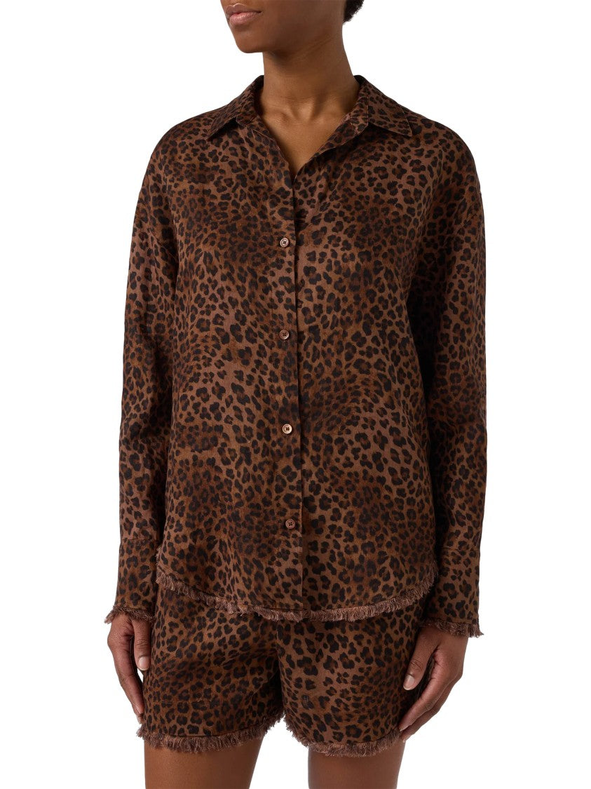 Mc2 Saint Barth Relaxed Fit Brown Leopard Print Linen Shirt