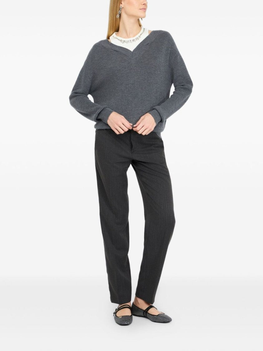 Liu Jo Deep V-Neck Gray Knit Sweater