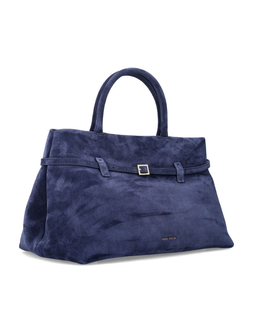 Manu Atelier Structured Blue Suede Handbag With Elegant Design And Functional Features