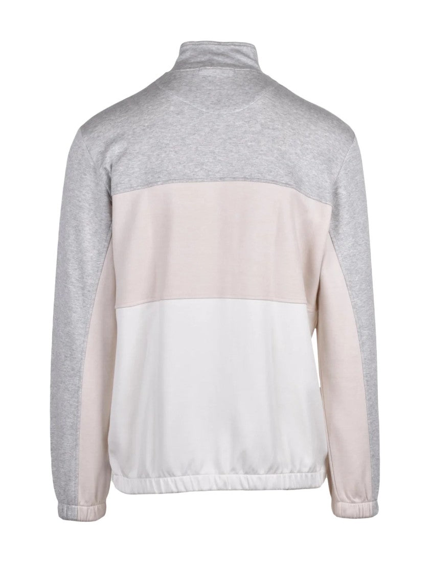 Eleventy Grey/Beige Color-Block Stand Collar Cotton Zip Sweatshirt