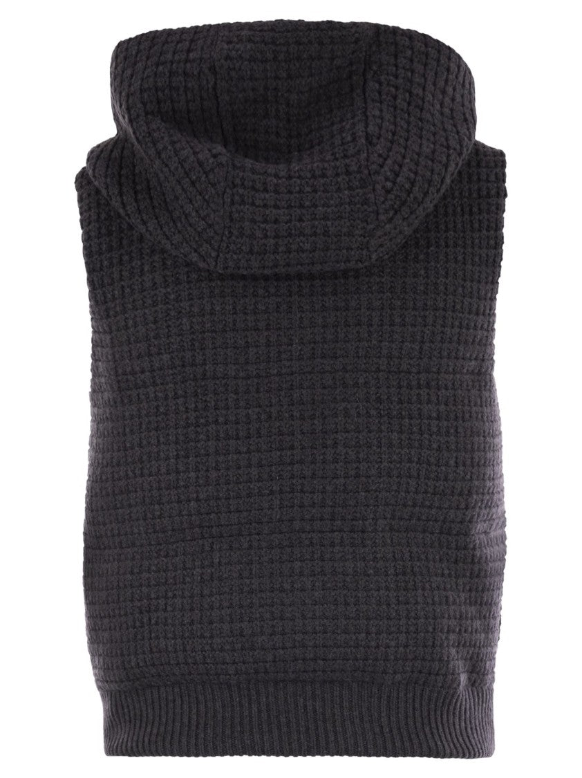 Fabiana Filippi Short Hooded Vest With Textured Knit And Zipper Closure
