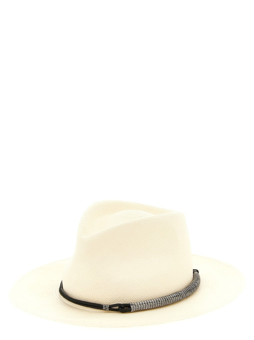 Brunello Cucinelli Woven Raffia Fedora Hat With Tubular Leather Band