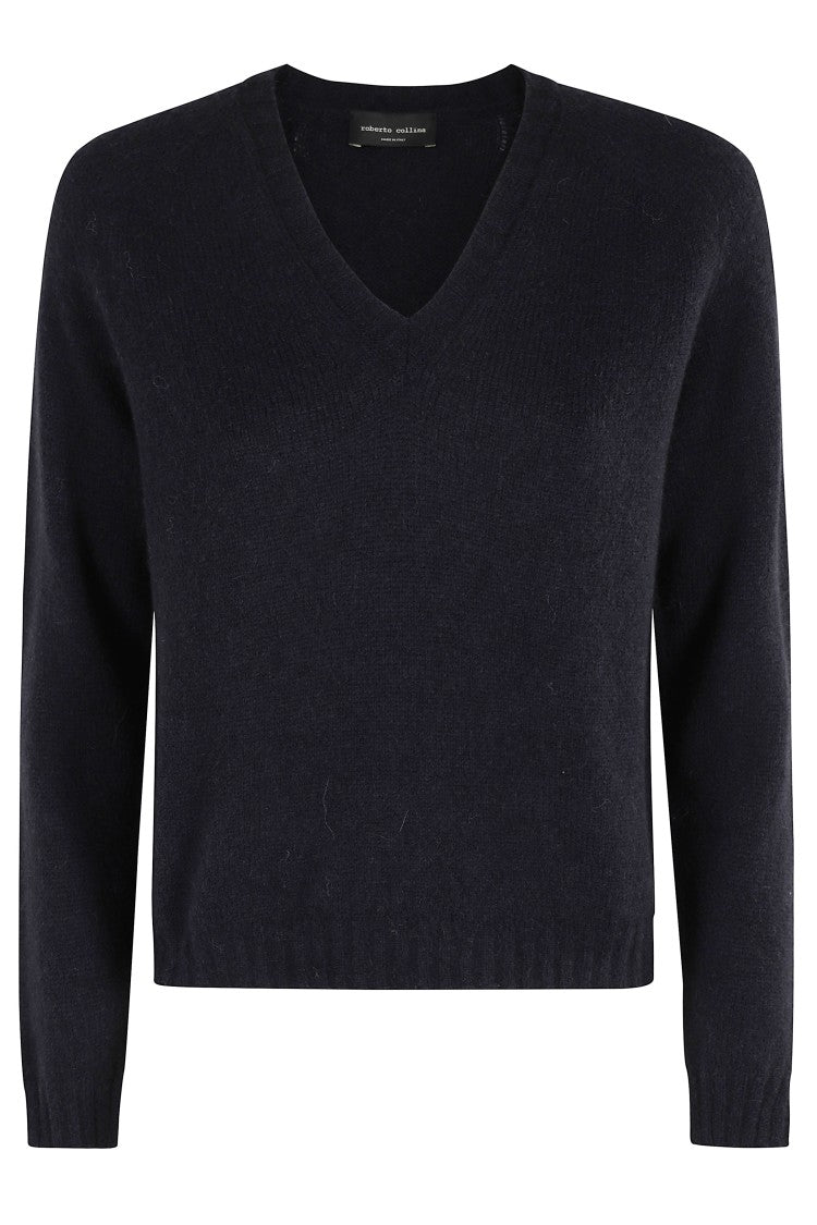Roberto Collina Long-Sleeve Navy V-Neck Knit Sweater
