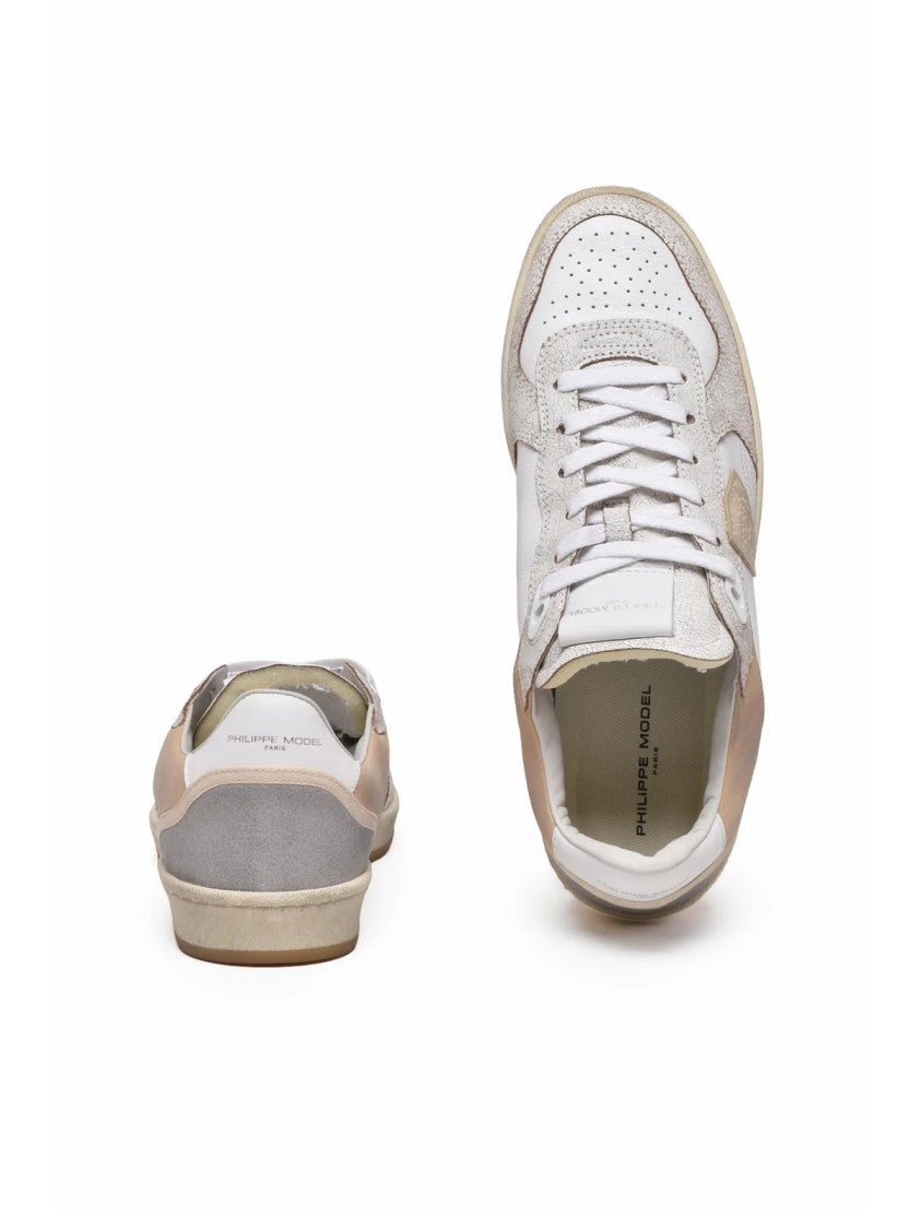 Philippe Model White/Beige Veau Cracklé Textured Leather Low-Top Sneakers