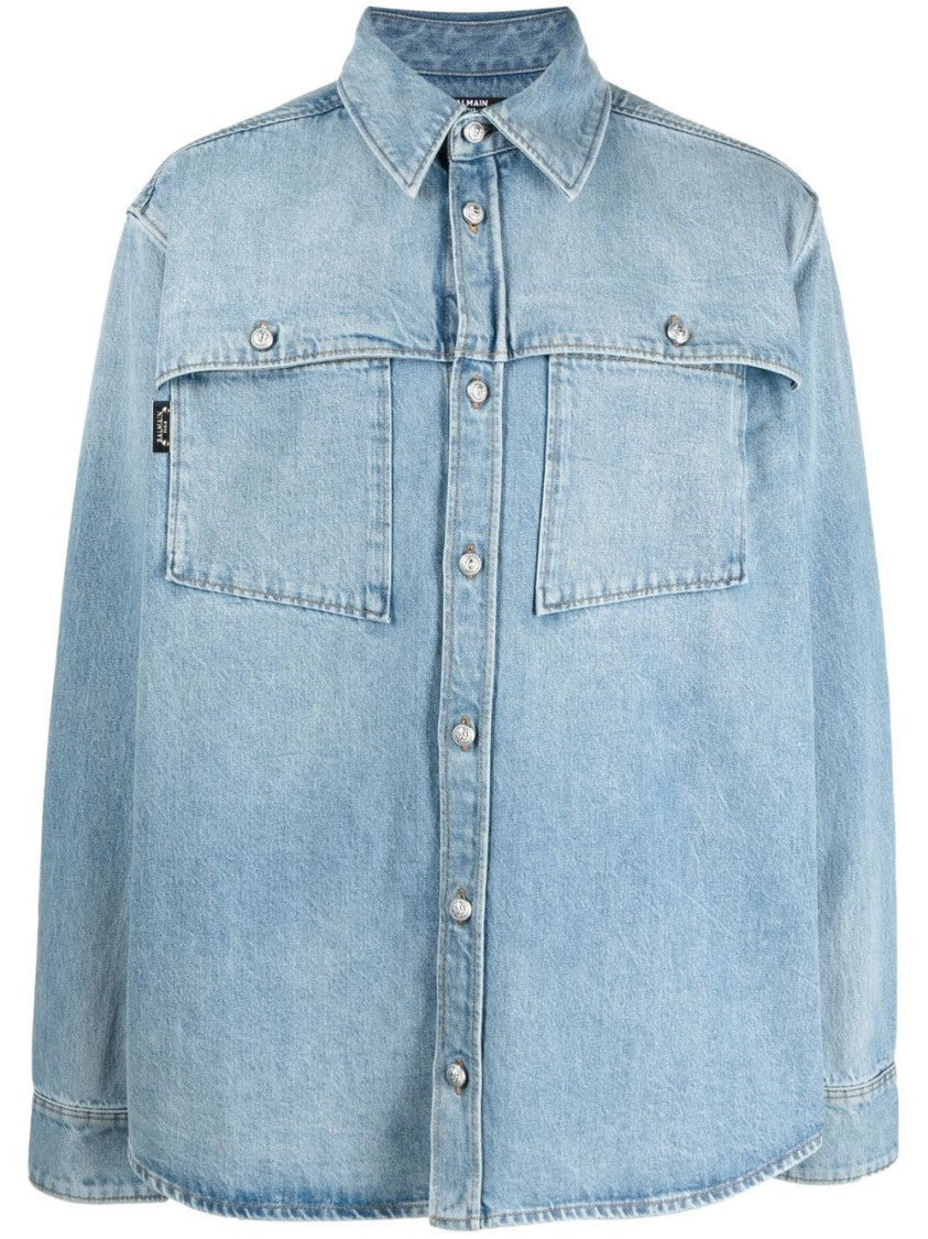Balmain Blue Cotton Yh1hd015dc23 Light Denim Long Sleeve Overshirt