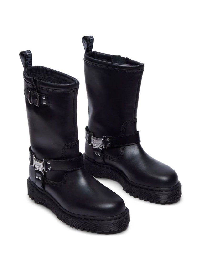 Dr. Martens Mid-Calf Black Leather Boots With Silver-Tone Hardware