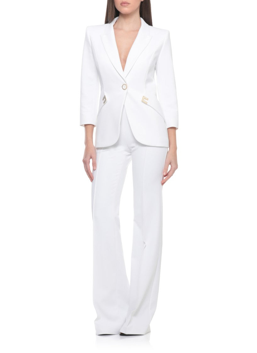 Elisabetta Franchi Ivory Peak Lapel Logoed Blazer