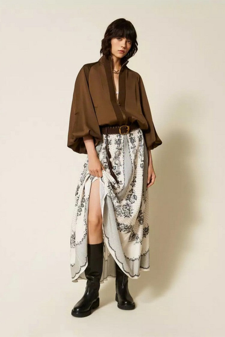Twin-Set Brown Stand Collar Balloon Sleeve Polyester Bomber Jacket