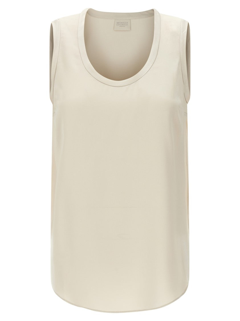 Brunello Cucinelli Sleeveless Stretch Silk Top With Round Neckline