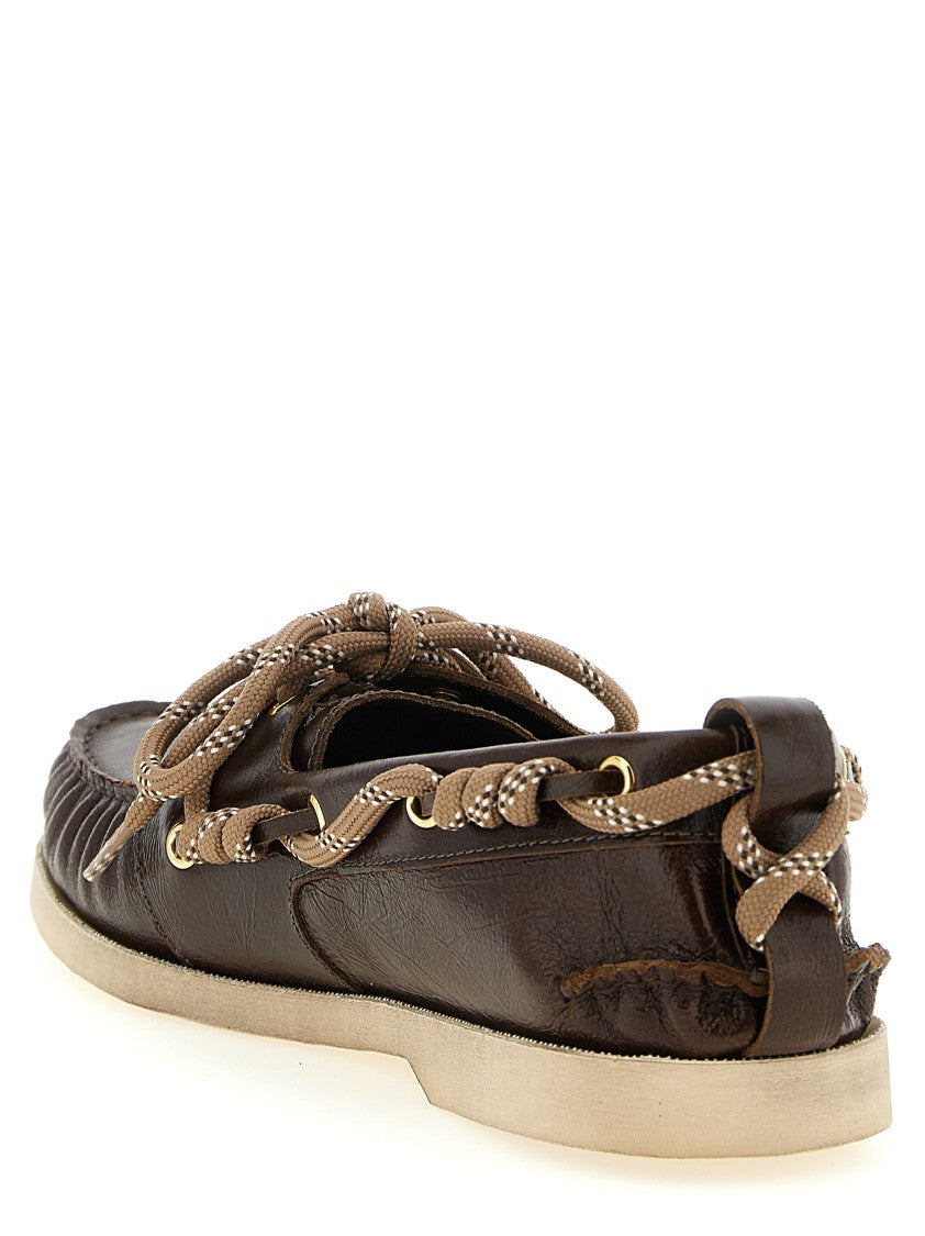Golden Goose Curled Front Leather Boat Loafers With Contrasting Lace Detail