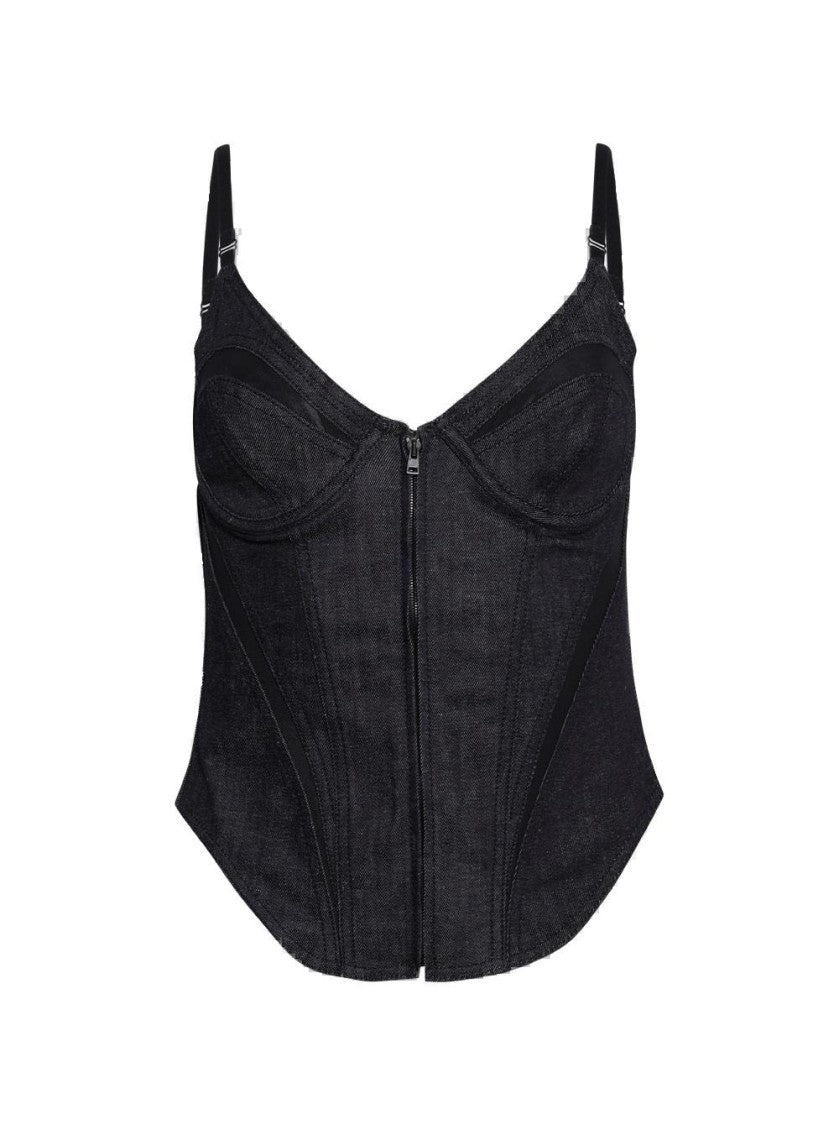 Mugler Corset Denim Top Raw Blue And Black
