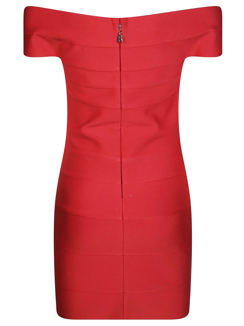 Rotate Off-The-Shoulder Mini Fitted Knit Dress With Bandage Ribbing