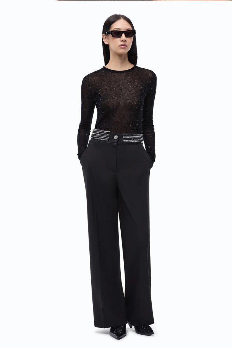 Pinko Black Embellished Waistband Wide-Leg Viscose Pants