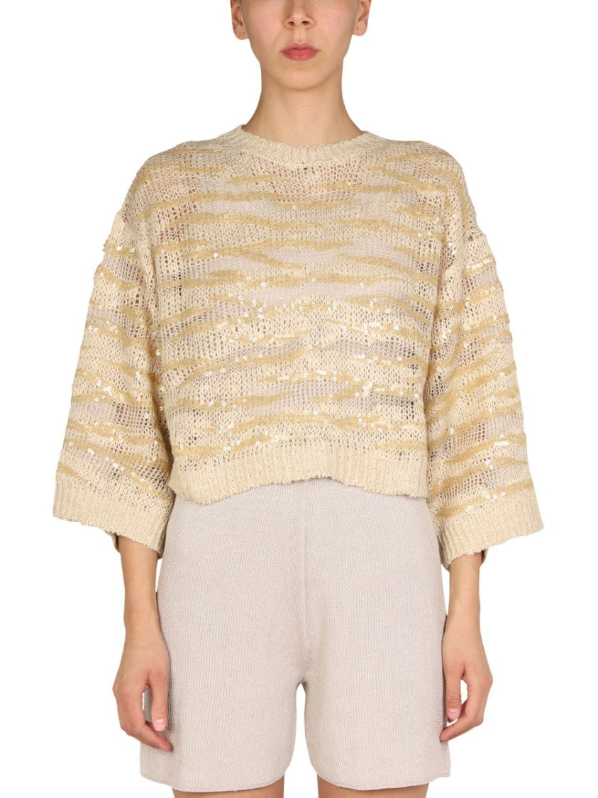 Brunello Cucinelli Perforated Knit Top With Wide Sleeves