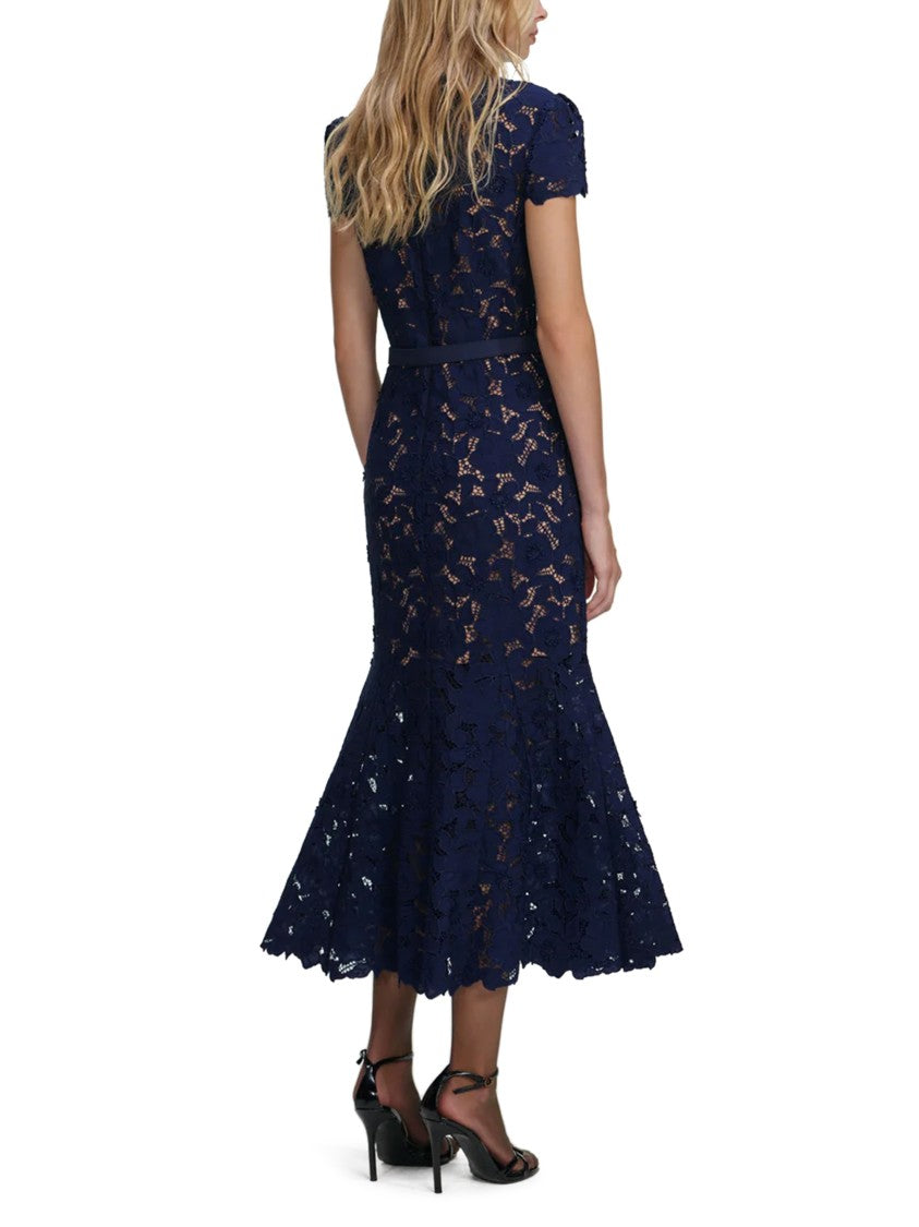 Self-Portrait Navy Guipure Lace Midi Dress With Puff Sleeves