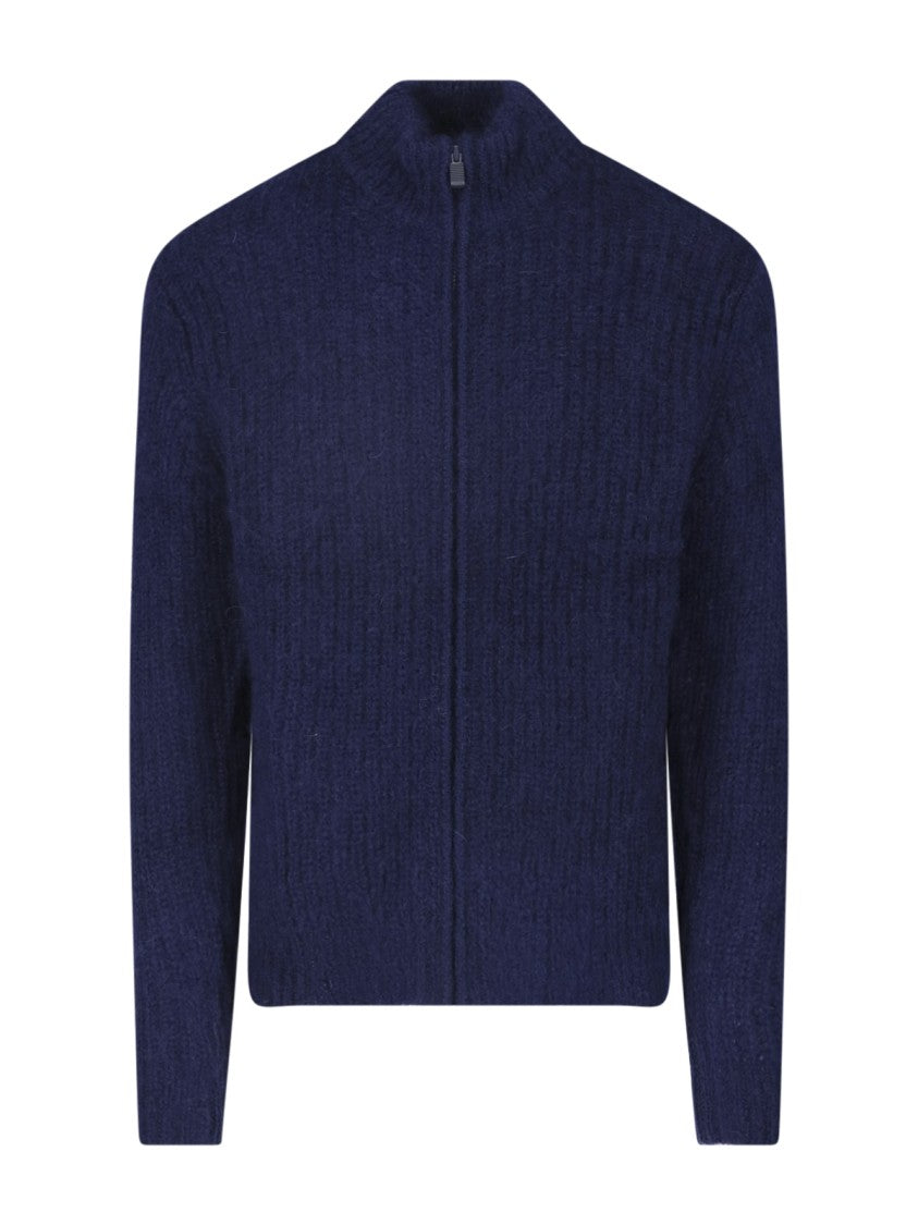 Aspesi Deep Blue Wool-Mohair Half-Zip Knit Sweater