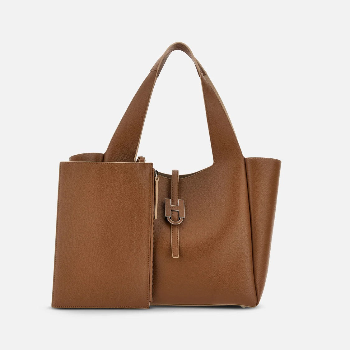 Hogan Brown Metallic Buckle Structured Tote Bag