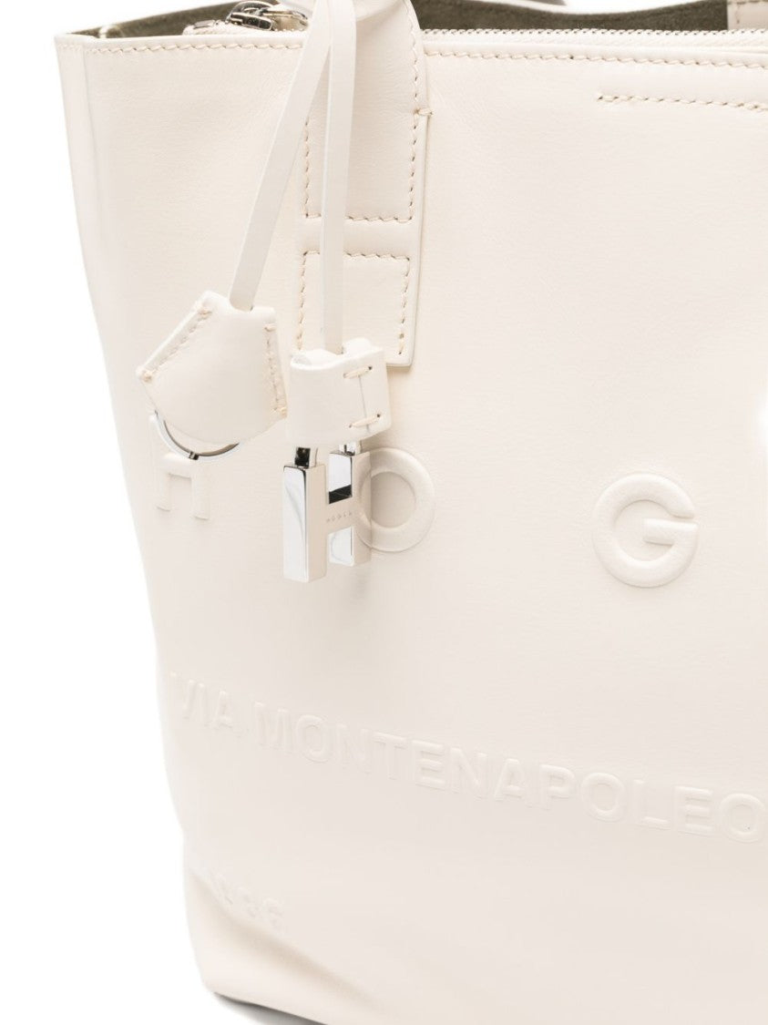 Hogan Cream Calf Leather Shopper Bag With Embossed Detailing