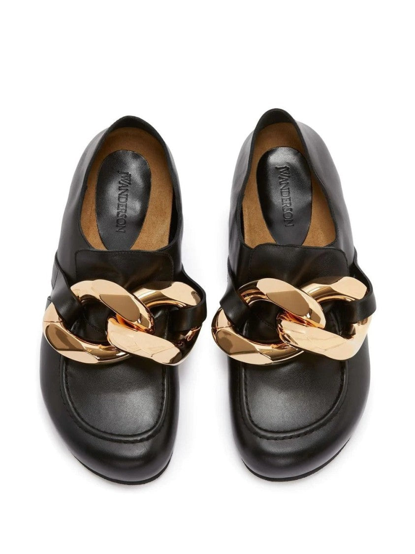 J. W. Anderson Black Leather Loafers With Oversized Gold Chain Detail