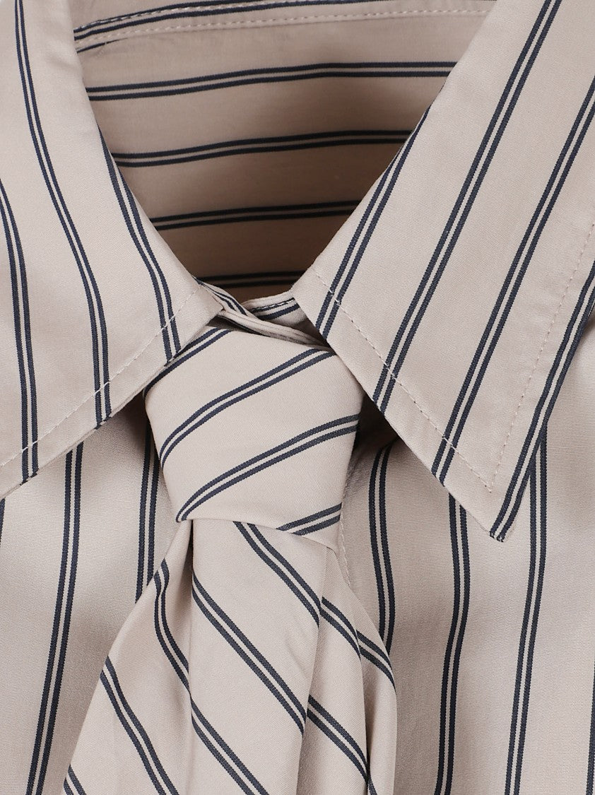 Brunello Cucinelli Beige Striped Shirt With Front Tie Detail And Buttoned Cuffs