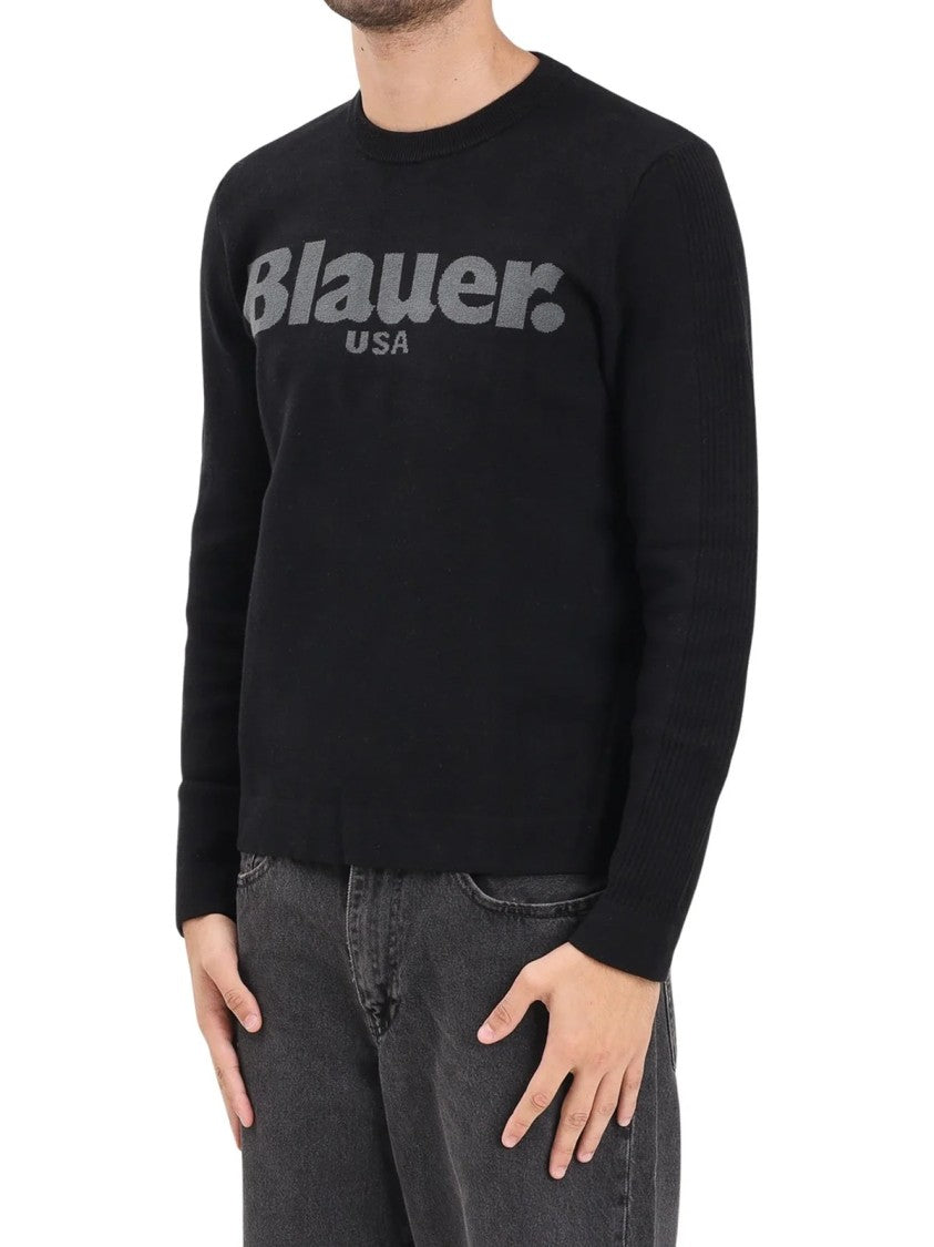 Blauer Black Fitted Logo Print Cotton-Blend Crewneck Sweater