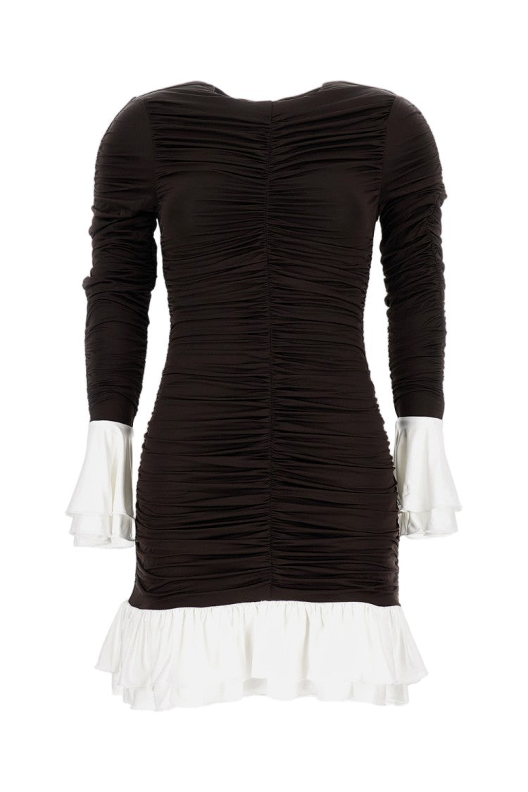 Rotate Mini Dress With Ruched Detailing And Ruffled Accents