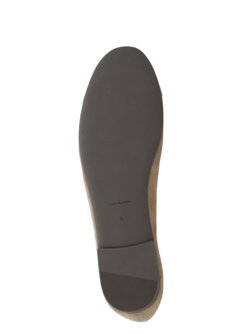Tory Burch Brown Pointed Toe Silver Logo Suede Flats