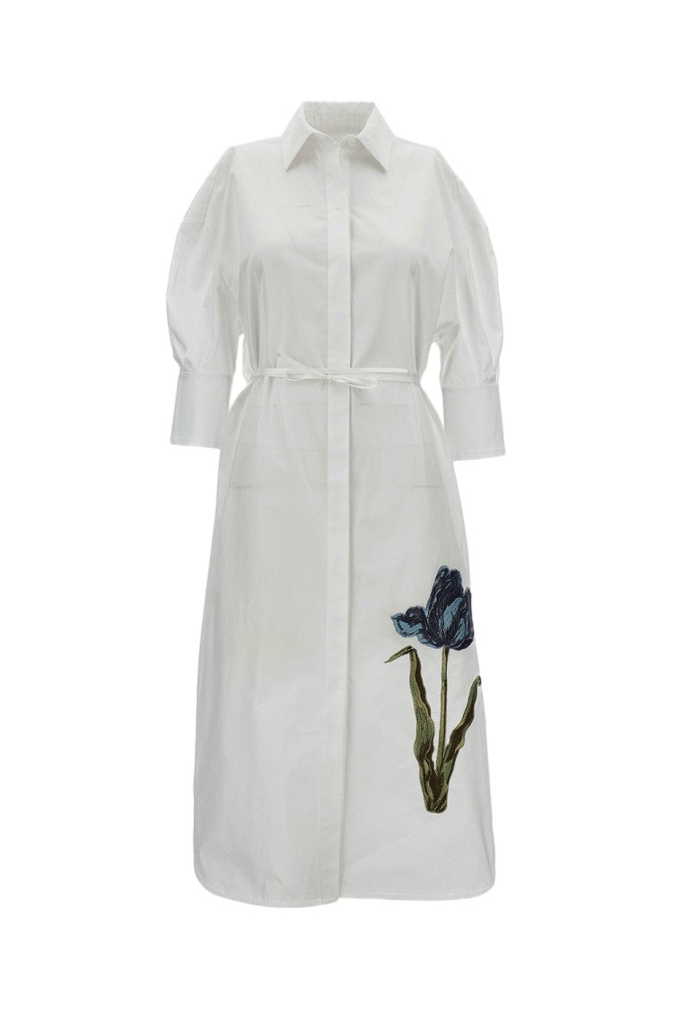 Erdem White Cotton Poplin Midi Dress With Tulip Embroidery