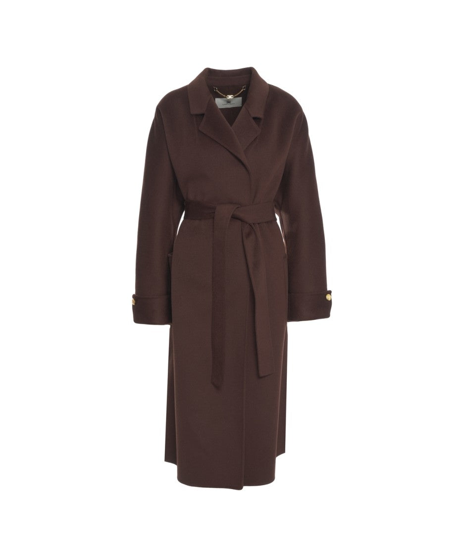 Elisabetta Franchi Brown Wool Long Coat With Classic Lapel