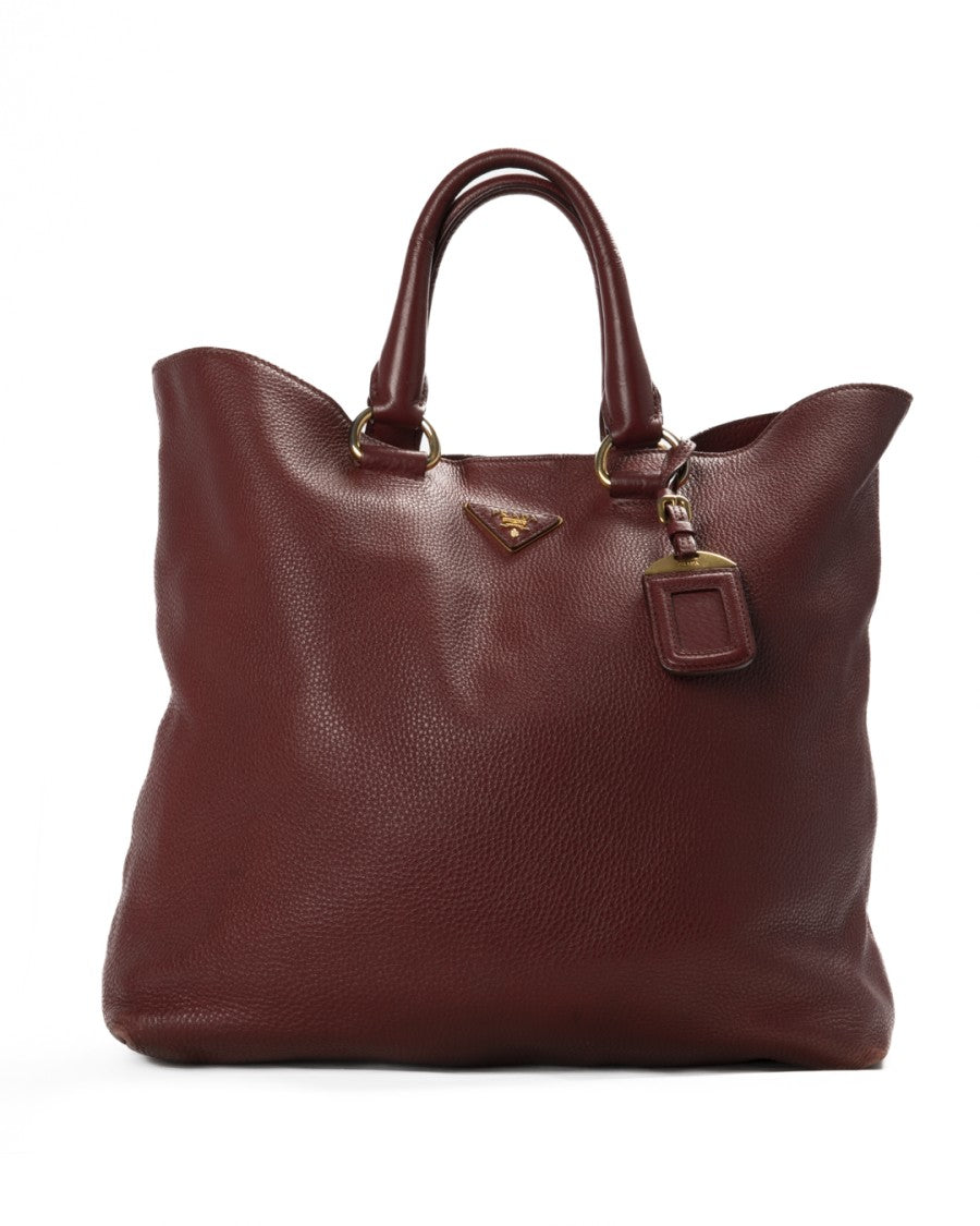 Prada Medium Vertical Shopper In Textured Burgundy Leather