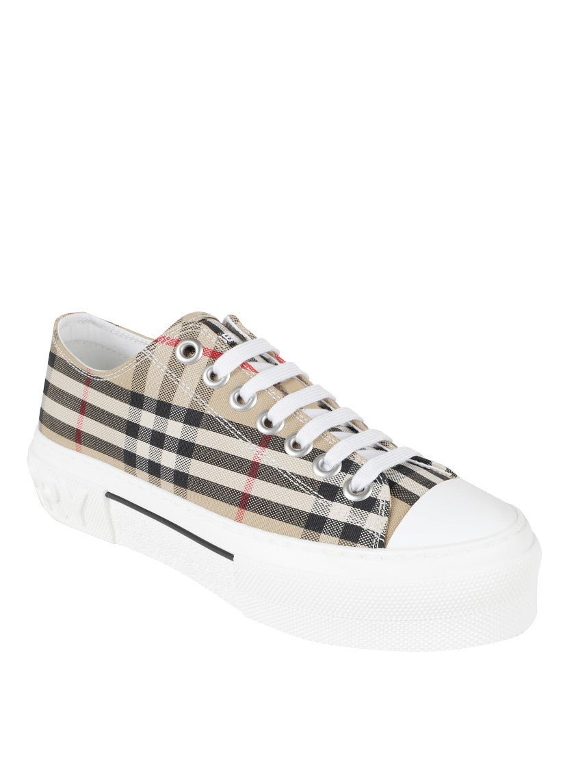 Burberry Beige Sneakers With Classic Check Pattern And White Rubber Sole