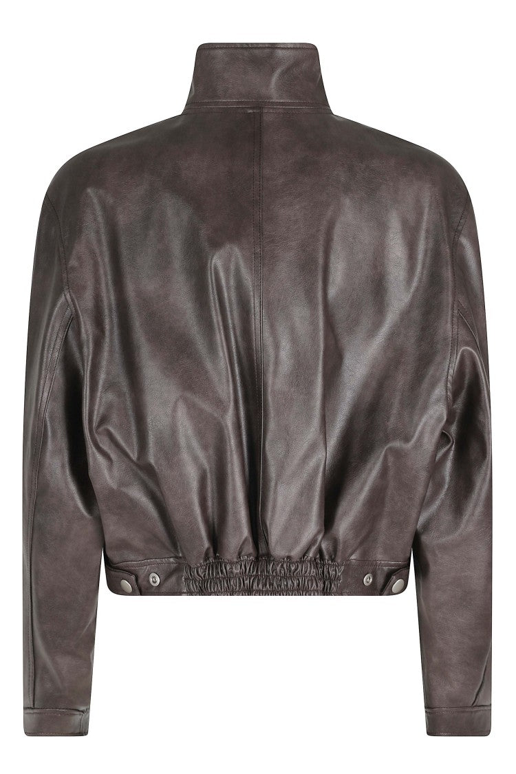 Low Classic Brown Stand Collar Short Adjustable-Waist Polyurethane Jacket