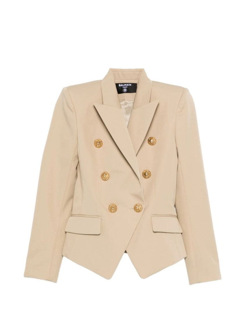 Balmain Beige Double Breasted Structured Shoulder Jacket