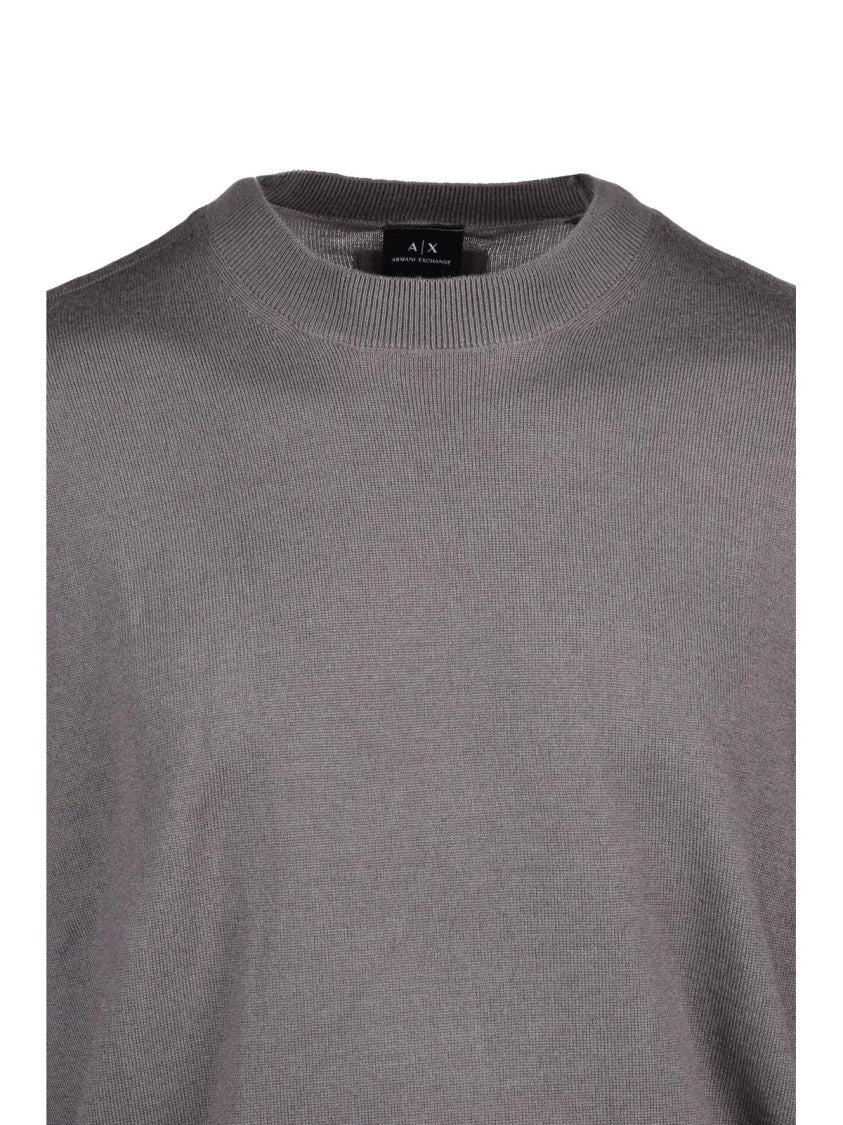 Armani Exchange Grey Fine-Knit Virgin Wool-Blend Crewneck Sweater