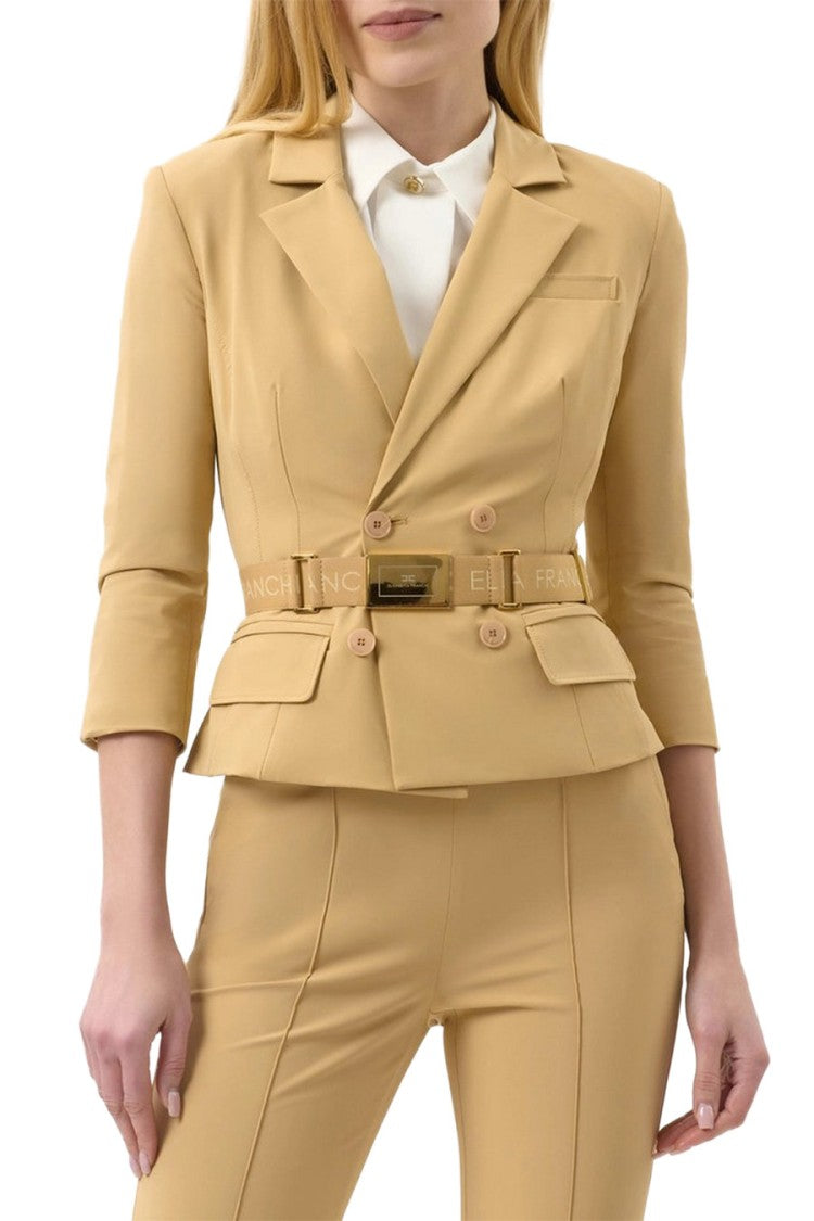 Elisabetta Franchi Camel Belted Double-Breasted Polyamide-Blend Jacket